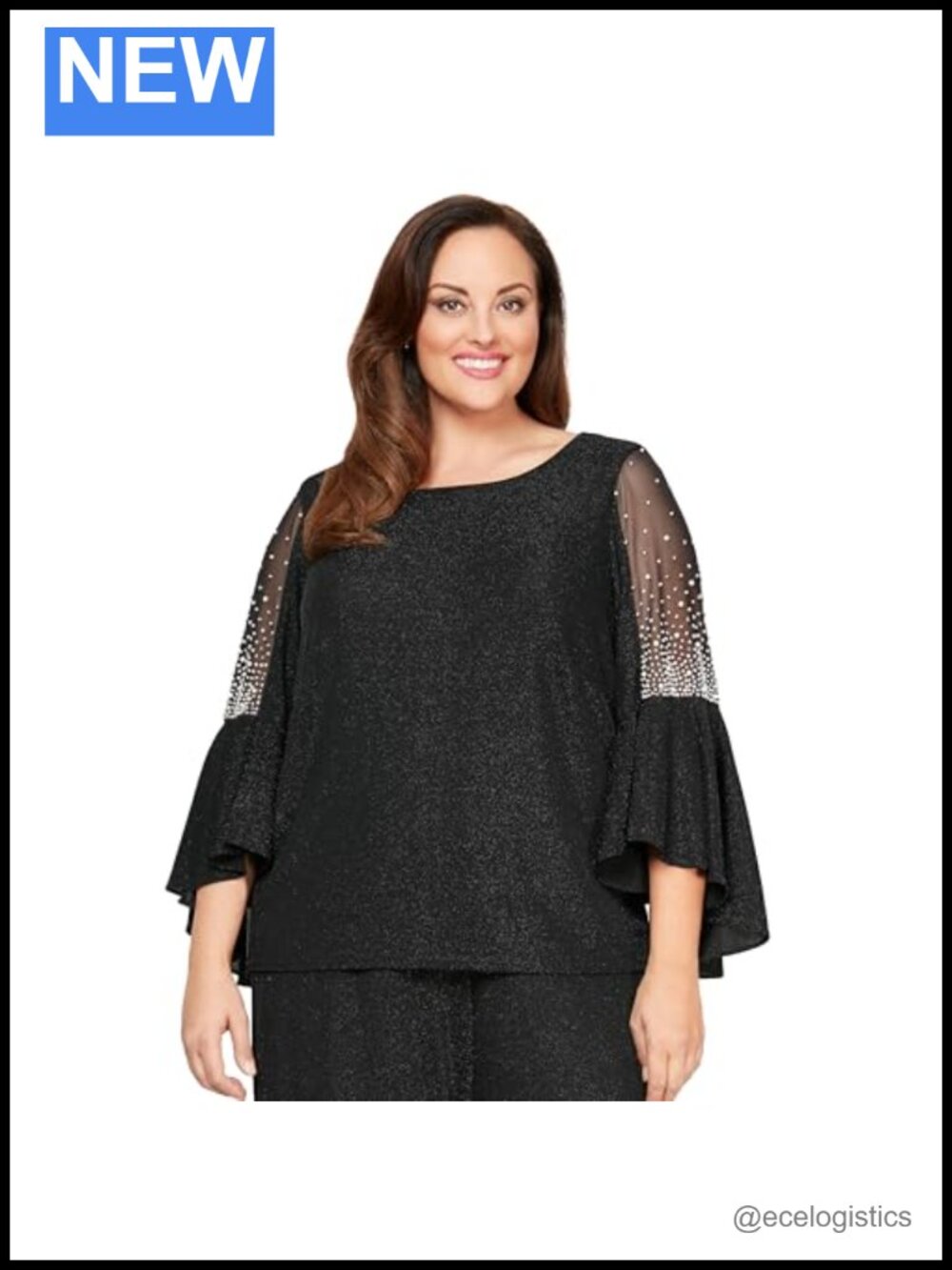 Metallic Knit 3/4 Sleeve Blouse Beaded Bell Sleeves Formal Plus Size